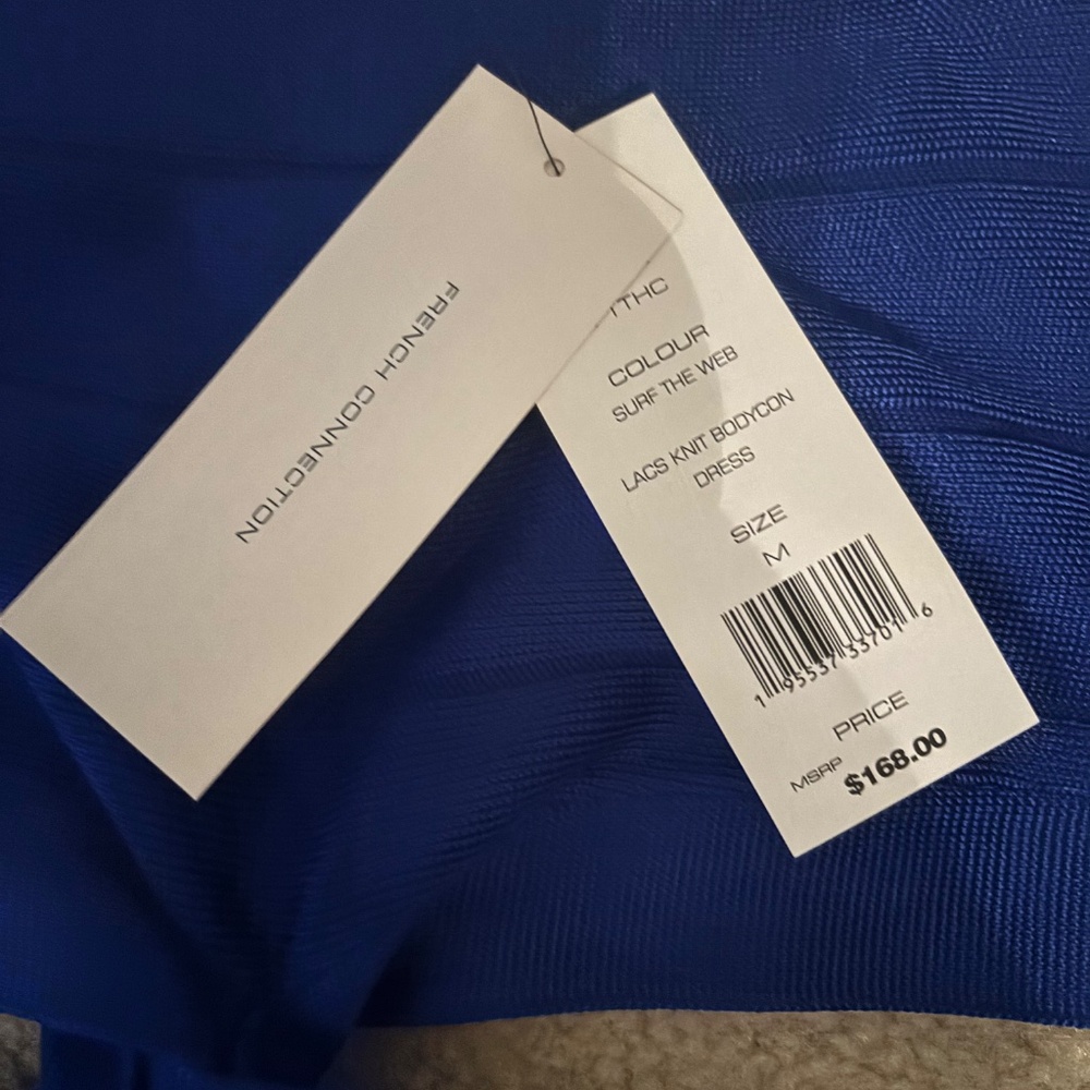 This is a French Connection Lacs Knit Bandage Bodycon Mini Dress in blue. - Picture 5 of 6